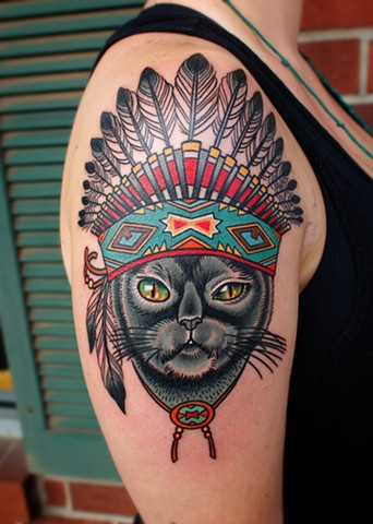 cat with indian headdress tattoo by dave wah