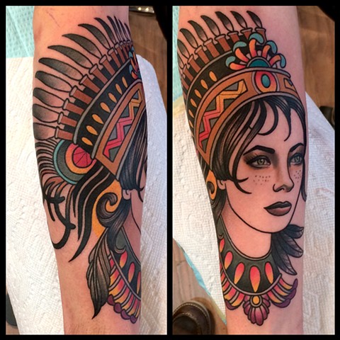 woman with headdress tattoo by dave wah at stay humble tattoo company in baltimore maryland the best tattoo shop in baltimore maryland