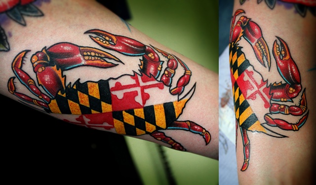 Crab with maryland flag in shell tattoo by Dave Wah