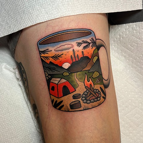 campsite in a coffee mug tattoo by dave wah
