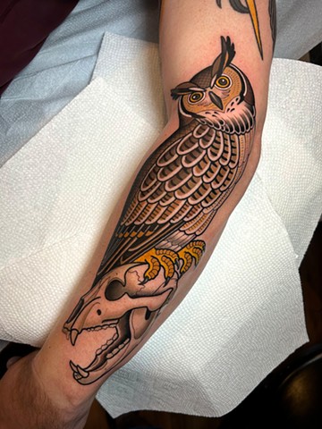 owl and skull tattoo by dave wah