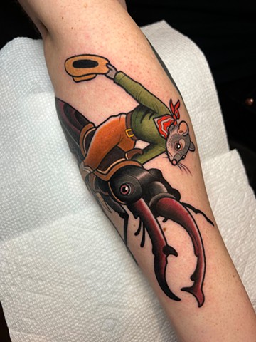 cowboy mouse riding a beetle tattoo by dave wah