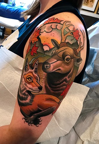 fox and elk tattoo by dave wah at stay humble tattoo company in baltimore maryland the best tattoo shop and artist in baltimore maryland