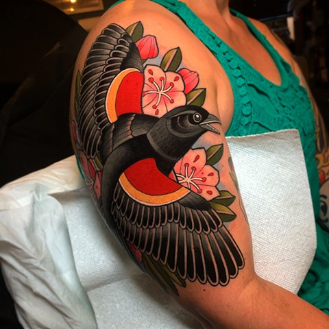 red winged sparrow tattoo by tattoo artist dave wah at stay humble tattoo company in baltimore maryland the best tattoo shop in baltimore maryland
