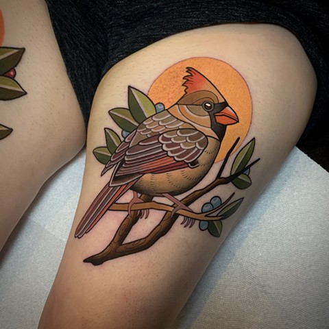 female cardinal tattoo by tattoo artist dave wah at stay humble tattoo company in baltimore maryland the best tattoo shop in baltimore maryland