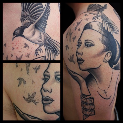 girl and birds tattoo by dave wah