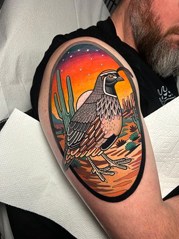 quail and landscape tattoo by dave wah