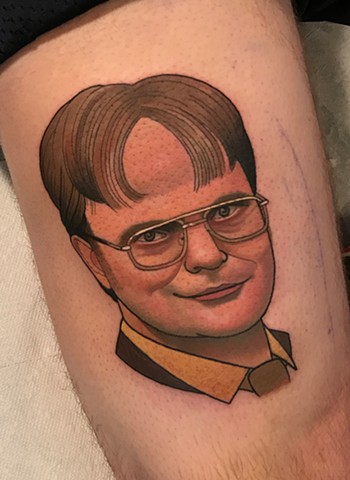 dwight schrute portrait tattoo by tattoo artist dave wah at stay humble tattoo company in baltimore maryland the best tattoo shop in baltimore maryland