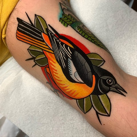 oriole tattoo by tattoo artist dave wah at stay humble tattoo company in baltimore maryland the best tattoo shop in baltimore maryland