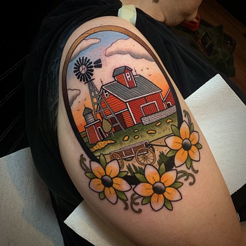 farm scene tattoo by tattoo artist dave wah at stay humble tattoo company in baltimore maryland the best tattoo shop in baltimore maryland