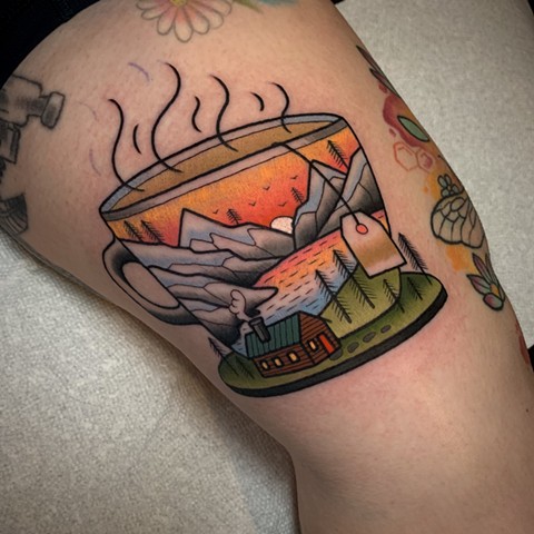 tea mountain scene tattoo by tattoo artist dave wah at stay humble tattoo company in baltimore maryland the best tattoo shop in baltimore maryland