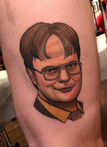 dwight schrute portrait tattoo by dave wah at stay humble tattoo company in baltimore maryland the best tattoo shop and artist in baltimore maryland