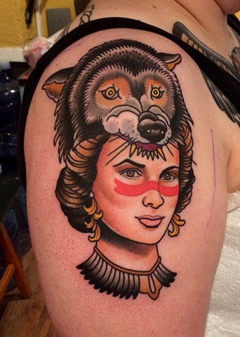 girl head with wolf headdress tattoo by dave wah at stay humble tattoo company in baltimore maryland the best tattoo shop in baltimore maryland