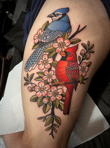 blue jay and cardinal tattoo by dave wah
