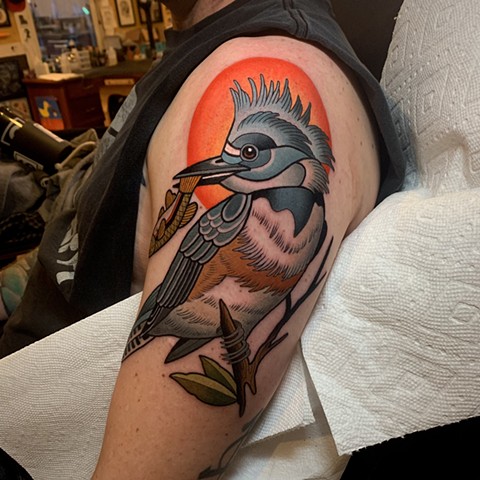 belted kingfisher tattoo by tattoo artist dave wah at stay humble tattoo company in baltimore maryland the best tattoo shop in baltimore maryland