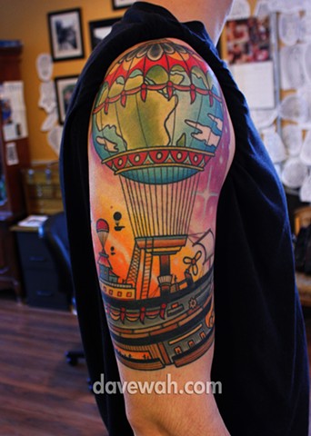 hot air balloon planet tattoo by dave wah at stay humble tattoo company in baltimore maryland the best tattoo shop in baltimore maryland