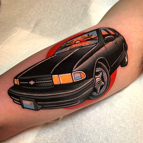 chevy impala SS tattoo by tattoo artist dave wah at stay humble tattoo company in baltimore maryland the best tattoo shop in baltimore maryland