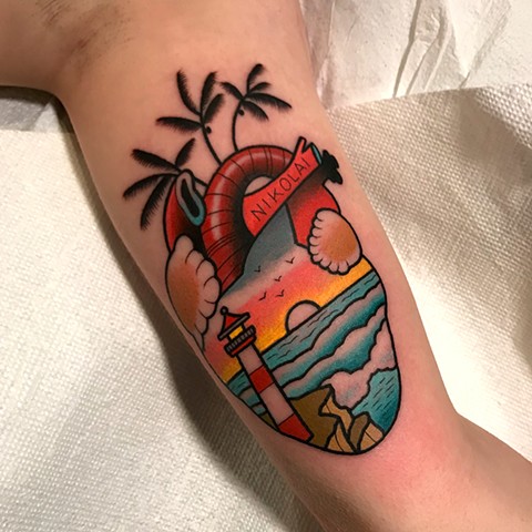beach scene anatomical heart tattoo by dave wah at stay humble tattoo company in baltimore maryland the best tattoo shop and artist in baltimore maryland