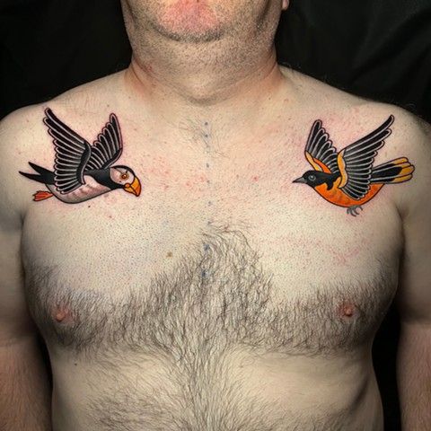 puffin and oriole tattoo by dave wah