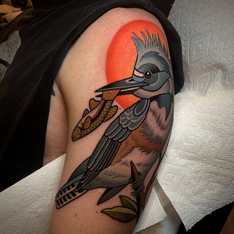 belted kingfisher tattoo by tattoo artist dave wah at stay humble tattoo company in baltimore maryland the best tattoo shop in baltimore marylanda