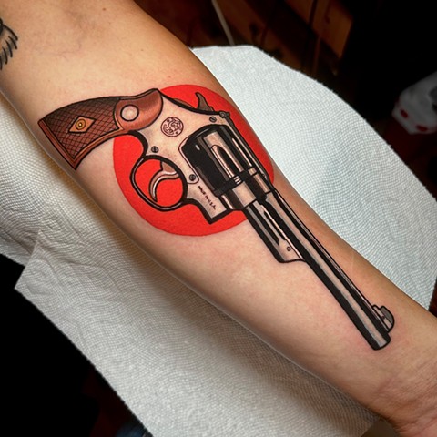 Arm Old School Women Gun Tattoo by Revolver Tattoo