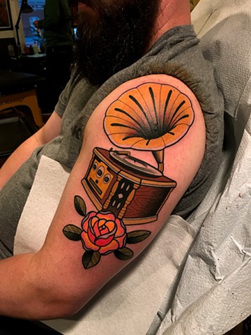 phonograph tattoo by dave wah at stay humble tattoo company in baltimore maryland the best tattoo shop and artist in baltimore maryland