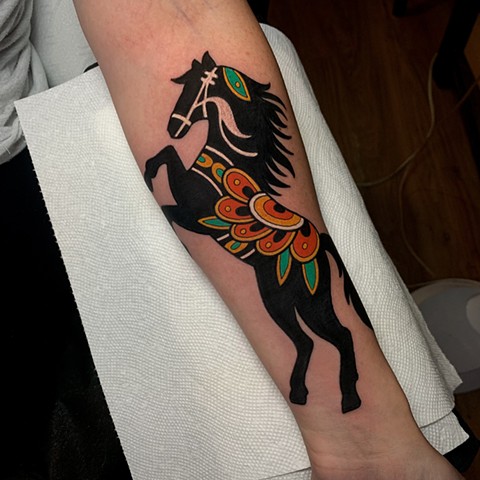 swedish data horse tattoo by tattoo artist dave wah at stay humble tattoo company in baltimore maryland the best tattoo shop in baltimore maryland