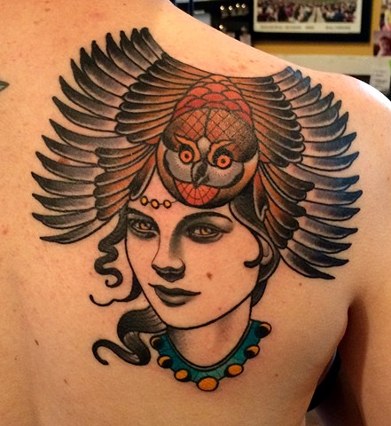 girl head with owl headdress tattoo by dave wah at stay humble tattoo company in baltimore maryland the best tattoo shop in baltimore maryland