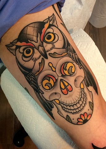 skull and owl tattoo by dave wah at stay humble tattoo company in baltimore maryland the best tattoo shop in baltimore maryland