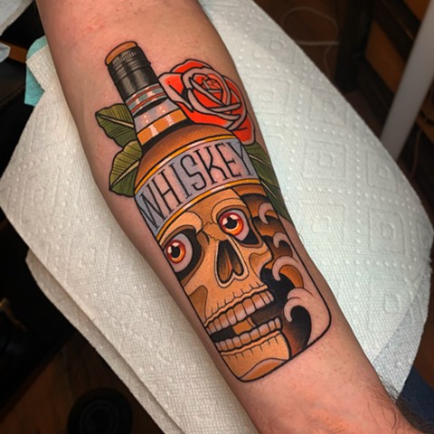 SKULL IN WHISKEY BOTTLE TATTOO BY DAVE WAH