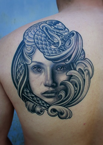 girl portrait tattoo with snake by dave wah