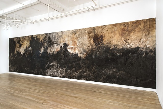 Athena LaTocha, %Untitled%, 2015, Sumi and walnut ink, shellac on paper, 124 x 452 inches. Installation view: CUE Art Foundation, New York, NY. Photo by Joshua Nefsky