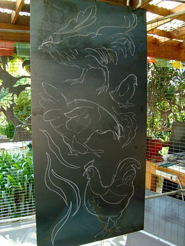 Drawing with chalk on plate steel, getting ready to "cut"~~