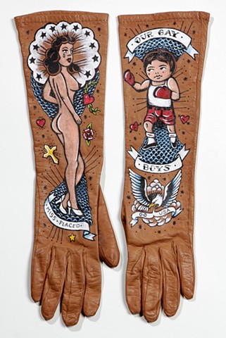 textile artwork, mixed media,vintage leather gloves with tattoo designs, fine art, outsider art, folk art