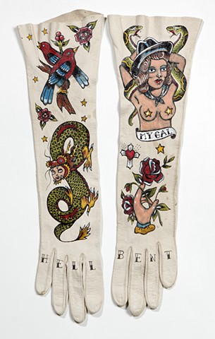 textile artwork, mixed media,vintage leather gloves with tattoo designs, fine art, outsider art, folk art