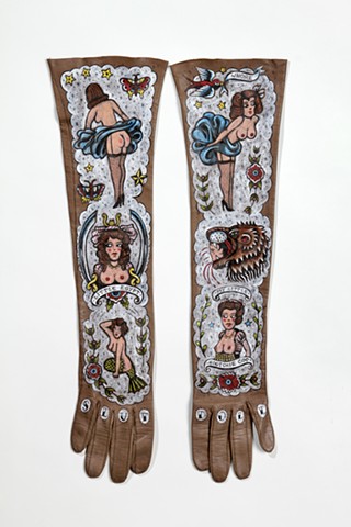 traditional tattoo designs on vintage leather gloves with a dancing girls, burlesque, pinup, 