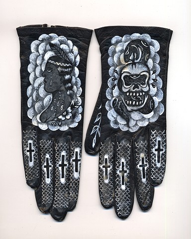 vintage gloves painted with tattoo imagery