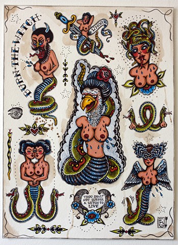 tattoo inspired flash sheet of snake girl images