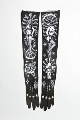 Traditional tattoo design of pinups on vintage gloves burlesque vintage style