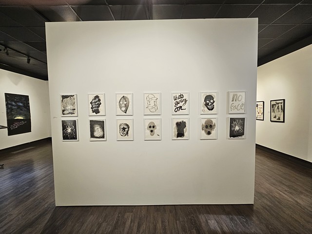 The art is from the show, " Tall Tales, Hard Truths and True Stories: The Texas Years at Jacksonville State University, ink drawings, portraits, jokes, text art 