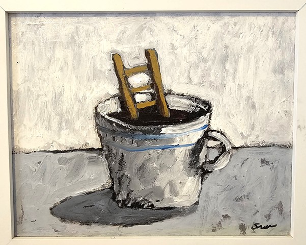 Coffee, Ladder, surreal still life, oil paint 