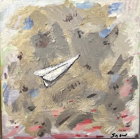 Paper Airplane, clouds, sky, silver wings, oil paint, small 