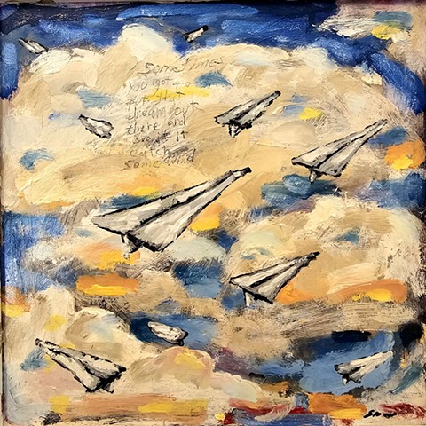 Paper Airplane, clouds, sky, silver wings, oil paint, small 