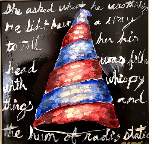 dummy, dunce cap, text, thinking, oil on wood, stripes, black 