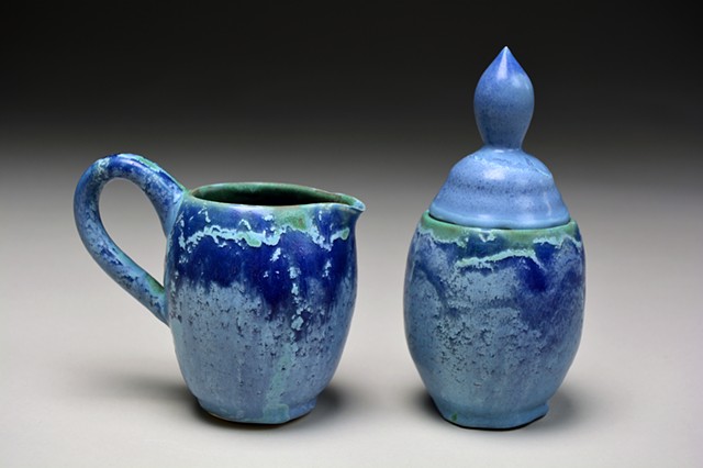 Blue Green Glaze Ceramics Cream and Sugar Clay Pottery Porcelain