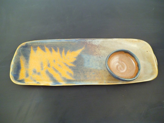 Tray in Shino with Blue Fern Design