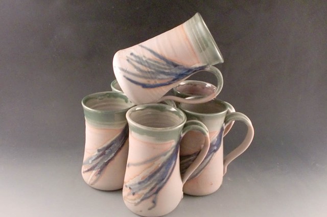 Mugs, White with Blue Oribe rim and color splash