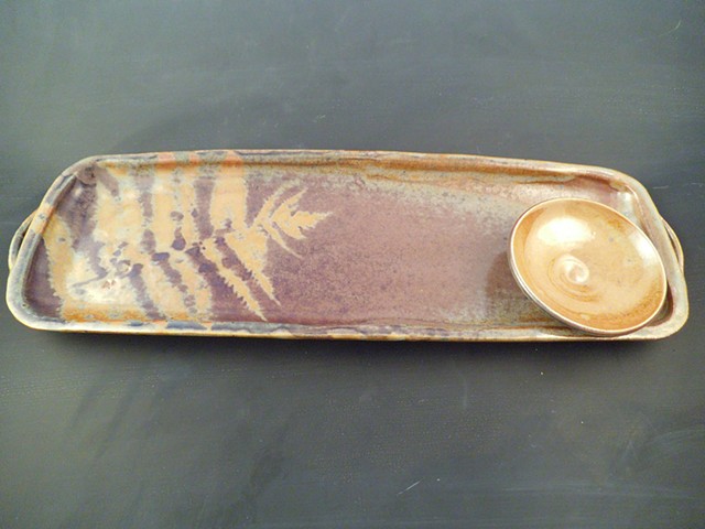 Narrow Tray in Shino with Purple Fern Design with Condiment Cup