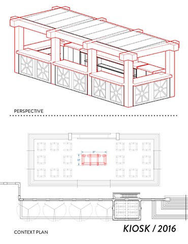 Kiosk, perspective view and site plan
