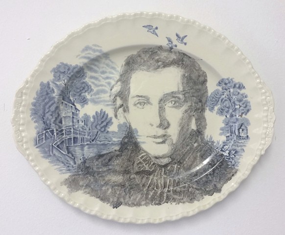 Onglaze portrait painting on a second hand ceramic plate based on a family photograph.